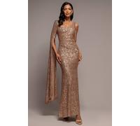Goddiva Women's One Side Cape Sleeve Sequin Maxi Dress in Gold | Size: 16