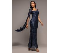 Goddiva Women's One Side Cape Sleeve Sequin Maxi Dress in Navy | Size: 18 Goddiva Navy 18