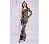 Goddiva Women's One Sleeve Diagonal Sequin Maxi Dress in Gold | Size: 16