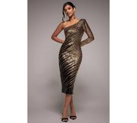 Goddiva Women's One Sleeve Diagonal Sequin Midi Dress in Gold | Size: 8