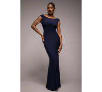 Goddiva Women's Open Back Cowl Neck Gathered Maxi Dress With Velvet Tie Back in Navy | Size: 12 Goddiva Navy 12