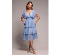 Goddiva Women's Plain Sparkling Chiffon Tiered Dress in Light Blue | Size: 18 Goddiva Light Blue 18