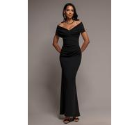 Goddiva Women's Pleated Bardot Wrap Mermaid Maxi Dress in Black | Size: 14 Goddiva Black 14