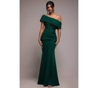 Goddiva Women's Pleated One Shoulder Bardot Fit & Flare Maxi Dress in Emerald | Size: 16 Goddiva Emerald 16
