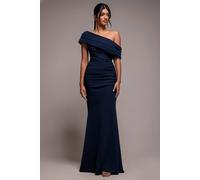Goddiva Women's Pleated One Shoulder Bardot Fit & Flare Maxi Dress in Navy | Size: 16