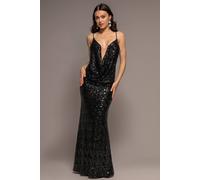 Goddiva Women's Plunge Cowl Criss Cross Back Sequin Maxi Dress in Black | Size: 16