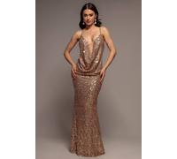 Goddiva Women's Plunge Cowl Criss Cross Back Sequin Maxi Dress in Gold | Size: 6 Goddiva Gold 6