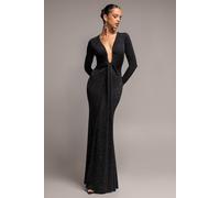 Goddiva Women's Plunge Neck Long Sleeve Front Draped Lurex Maxi Dress in Black | Size: 6