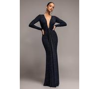 Goddiva Women's Plunge Neck Long Sleeve Front Draped Lurex Maxi Dress in Navy | Size: 18