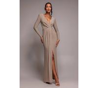 Goddiva Women's Plunge Neck Wrap Front Split Sparkling Maxi Dress in Nude | Size: 12