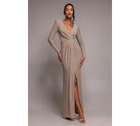 Goddiva Women's Plunge Neck Wrap Front Split Sparkling Maxi Dress in Nude | Size: 12 Goddiva Nude 12