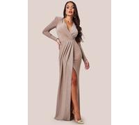 Goddiva Women's Plunge Neck Wrap Front Split Sparkling Maxi Dress in Nude | Size: 8 Goddiva Nude 8