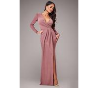 Goddiva Women's Plunge Neck Wrap Front Split Sparkling Maxi Dress in Rose | Size: 10 Goddiva Rose 10