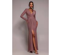 Goddiva Women's Plunge Neck Wrap Front Split Sparkling Maxi Dress in Rose | Size: 16 Goddiva Rose 16