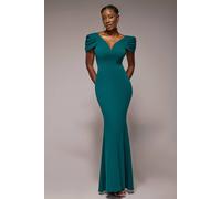Goddiva Women's Plunging Neck Pleated Sleeves Scuba Maxi Dress in Emerald | Size: 14 Goddiva Emerald 14