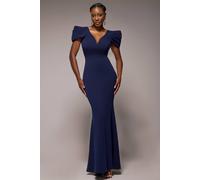 Goddiva Women's Plunging Neck Pleated Sleeves Scuba Maxi Dress in Navy | Size: 8 Goddiva Navy 8