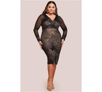 Goddiva Women's Plus Scalloped Hem Starburst Midi Dress in Black | Size: 24