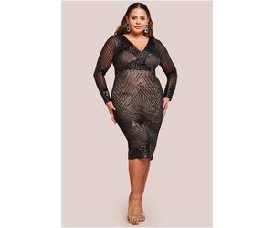 Goddiva Women's Plus Scalloped Hem Starburst Midi Dress in Black | Size: 24
