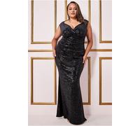 Goddiva Women's Plus Sequin & Velvet Bardot Maxi Dress in Black | Size: 26 Goddiva Black 26