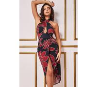Goddiva Women's Printed Crossover Midi Dress in Black | Size: 12