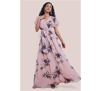 Goddiva Women's Printed Flutter Sleeve Maxi Dress in Peach | Size: 18 Goddiva Peach 18