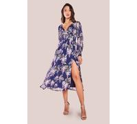 Goddiva Women's Printed Lurex Chiffon Long Sleeve Midi Dress in Navy | Size: 8