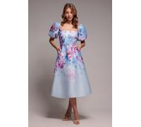 Goddiva Women's Printed Scuba Square Neck Puff Sleeve Midi Dress in Blue | Size: 10 Goddiva Blue 10