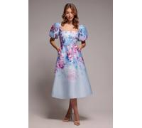 Goddiva Women's Printed Scuba Square Neck Puff Sleeve Midi Dress in Blue | Size: 14