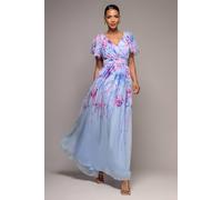 Goddiva Women's Printed Silky Chiffon Flutter Sleeve Maxi Dress in Light Blue | Size: 14