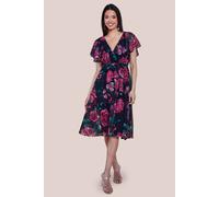 Goddiva Women's Printed Sparkling A Line Flutter Sleeve Midi Dress in Black | Size: 12
