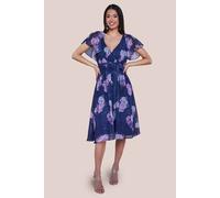 Goddiva Women's Printed Sparkling A Line Flutter Sleeve Midi Dress in Navy | Size: 10