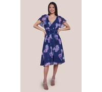Goddiva Women's Printed Sparkling A Line Flutter Sleeve Midi Dress in Navy | Size: 8 Goddiva Navy 8