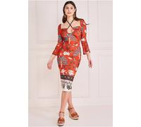 Goddiva Women's Printed Tie Back Midi Dress in Orange | Size: 10