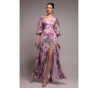 Goddiva Women's Puff Sleeve A-Line Printed Chiffon Maxi Dress With Split in Light Pink | Size: 18