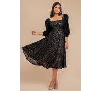 Goddiva Women's Puff Sleeve Side Slit Flared Jacquard Chiffon Midi Dress in Black | Size: 10