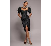 Goddiva Women's Puff Sleeve Sweetheart Midi Dress in Black | Size: 12