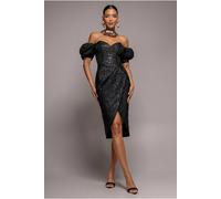 Goddiva Women's Puff Sleeve Sweetheart Midi Dress in Black | Size: 16