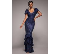 Goddiva Women's Puff Sleeve Tiered Hem Maxi Dress in Navy | Size: 8