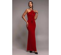 Goddiva Women's Racer Neck Corsage Scuba Maxi Dress in Red | Size: 14