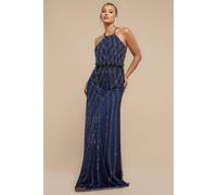 Goddiva Women's Racer Neck Sleeveless Sequin Maxi Dress in Navy | Size: 10