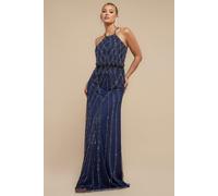 Goddiva Women's Racer Neck Sleeveless Sequin Maxi Dress in Navy | Size: 14 Goddiva Navy 14