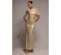 Goddiva Women's Sash One Shoulder Bardot Foil Maxi Dress in Gold | Size: 12