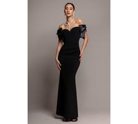 Goddiva Women's Satin Bow Bardot Sheath Maxi Dress in Black | Size: 18