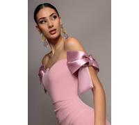 Goddiva Women's Satin Bow Bardot Sheath Maxi Dress in Light Pink | Size: 14