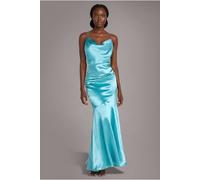 Goddiva Women's Satin Cowl Neck With Strappy Back Maxi Dress in Aqua | Size: 14