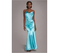 Goddiva Women's Satin Cowl Neck With Strappy Back Maxi in Aqua | Size: 8 Goddiva Aqua 8
