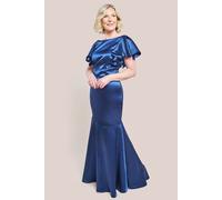 Goddiva Women's Satin Flutter Sleeve Mermaid Maxi Dress in Navy | Size: 10 Goddiva Navy 10