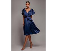 Goddiva Women's Satin Flutter Sleeve Wrap Midi Dress in Navy | Size: 6 Goddiva Navy 6