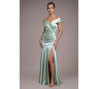 Goddiva Women's Satin Off-Shoulder Pleated Maxi Dress in Light Green | Size: 10 Goddiva Light Green 10
