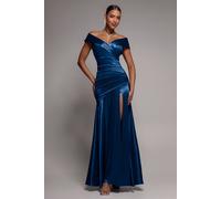 Goddiva Women's Satin Off-Shoulder Pleated Maxi Dress in Navy | Size: 18 Goddiva Navy 18